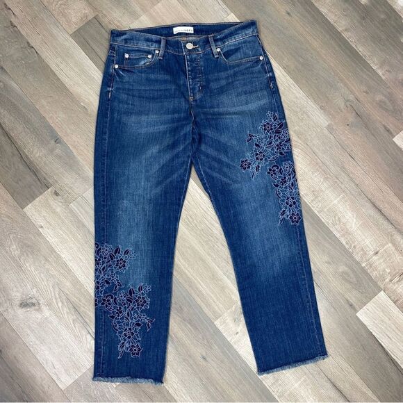 Loft Floral Embroidered Boyfriend Jeans Cropped Raw Hem Blue 4 27 - Picture 3 of 14